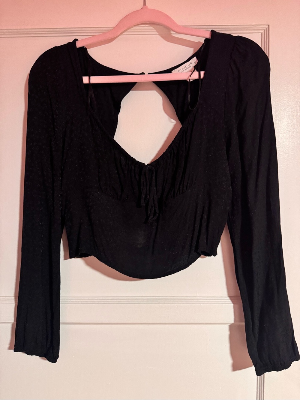 Black Long-Sleeve Smocked Crop Top with Keyhole Back